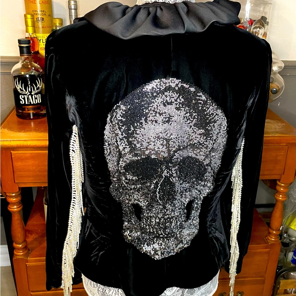 Upcycled vintage Oleg Cassini jacket with fringe and skull